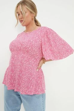 Dorothy Perkins Curve Pink Floral Crinkle Angel Sleeve Blouse