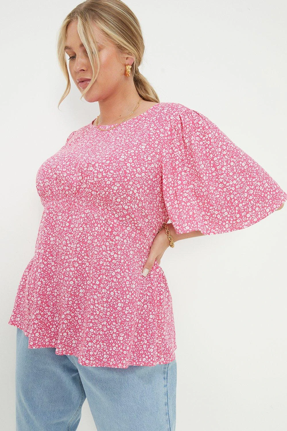 Dorothy Perkins Curve Pink Floral Crinkle Angel Sleeve Blouse 3 Dorothy Perkins Curve Pink Floral Crinkle Angel Sleeve Blouse