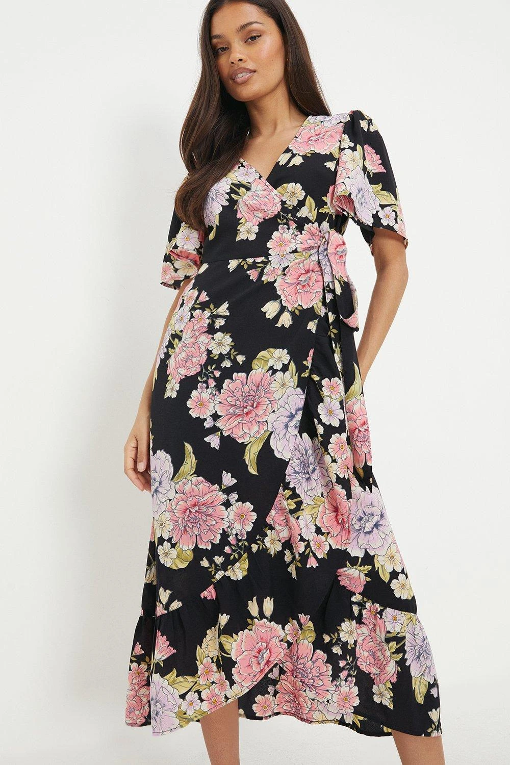 Dorothy Perkins Petite Floral Print Ruffle Angel Sleeve Wrap Midi Dress 3 Dorothy Perkins Petite Floral Print Ruffle Angel Sleeve Wrap Midi Dress