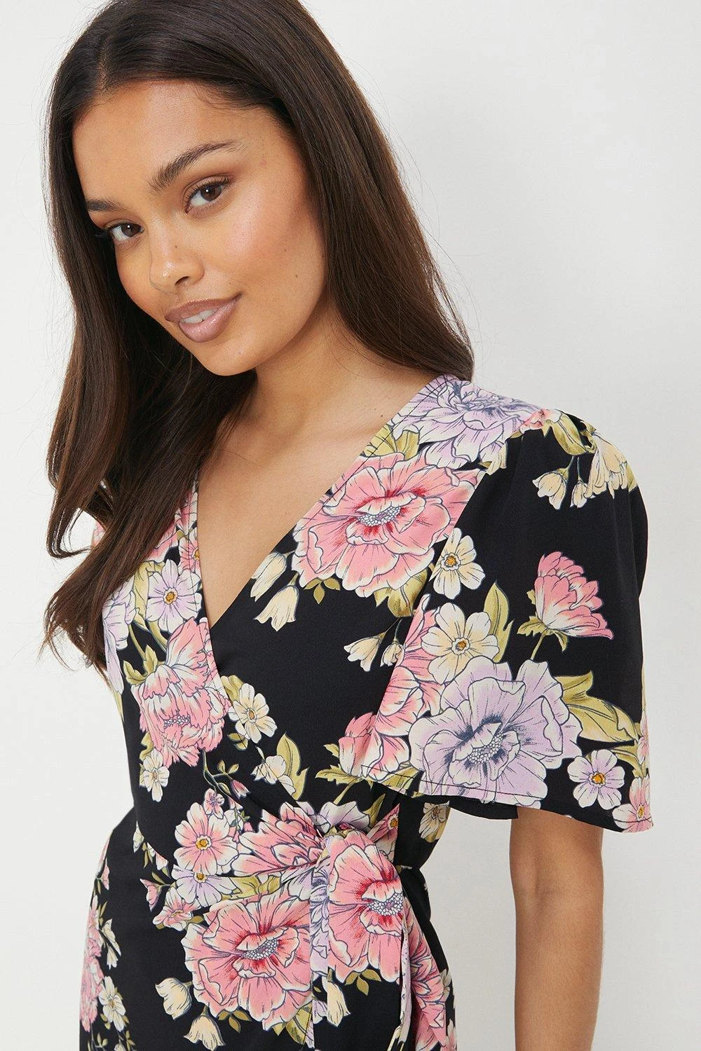 Dorothy Perkins Petite Floral Print Ruffle Angel Sleeve Wrap Midi Dress 4 Dorothy Perkins Petite Floral Print Ruffle Angel Sleeve Wrap Midi Dress - Image 2
