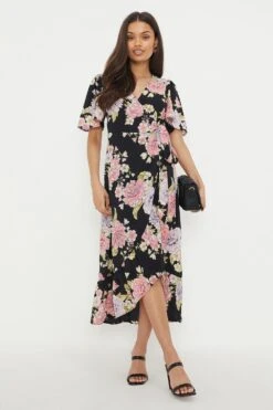 Dorothy Perkins Petite Floral Print Ruffle Angel Sleeve Wrap Midi Dress 9 Dorothy Perkins Petite Floral Print Ruffle Angel Sleeve Wrap Midi Dress -Perkindo Store bqq12746 black xl 3