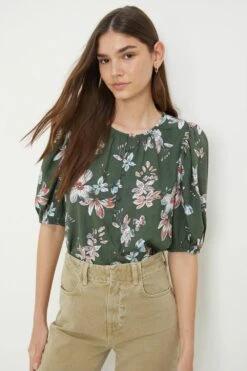 Dorothy Perkins Khaki Floral Button Down Blouse