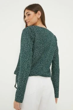 Dorothy Perkins Tall Green Spot Long Sleeve Wrap Blouse -Perkindo Store bqq12980 green xl 3