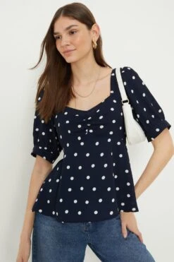 Dorothy Perkins Navy Spot Ruched Front Short Sleeve Top