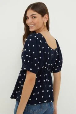 Dorothy Perkins Navy Spot Ruched Front Short Sleeve Top 7 Dorothy Perkins Navy Spot Ruched Front Short Sleeve Top -Perkindo Store bqq12983 navy xl 2