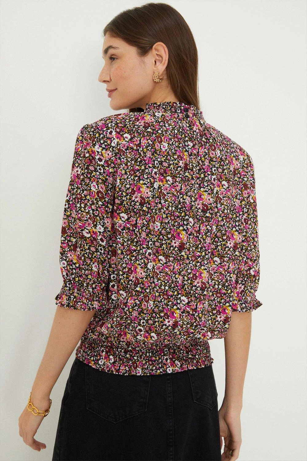 Dorothy Perkins Pink Floral Shirred Hem Short Sleeve Blouse 5 Dorothy Perkins Pink Floral Shirred Hem Short Sleeve Blouse - Image 3