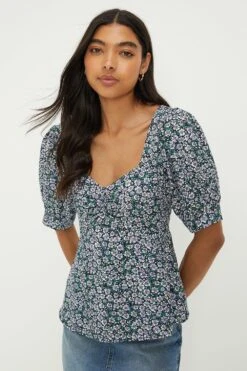 Dorothy Perkins Lilac Floral Ruched Front Short Sleeve Top
