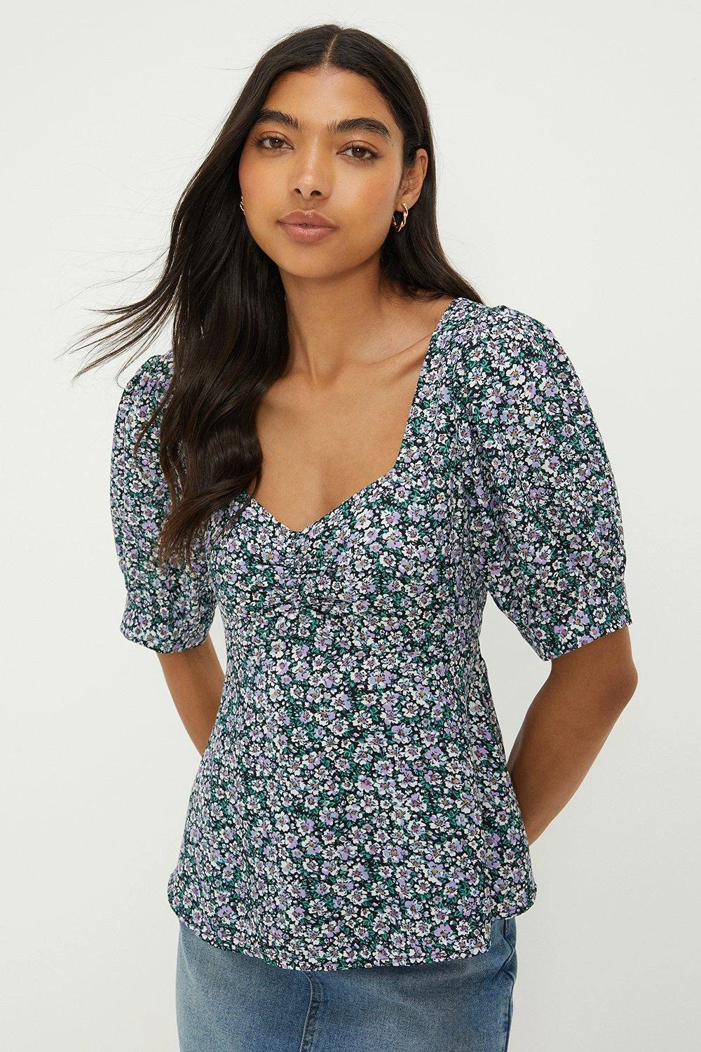 Dorothy Perkins Lilac Floral Ruched Front Short Sleeve Top 3 Dorothy Perkins Lilac Floral Ruched Front Short Sleeve Top