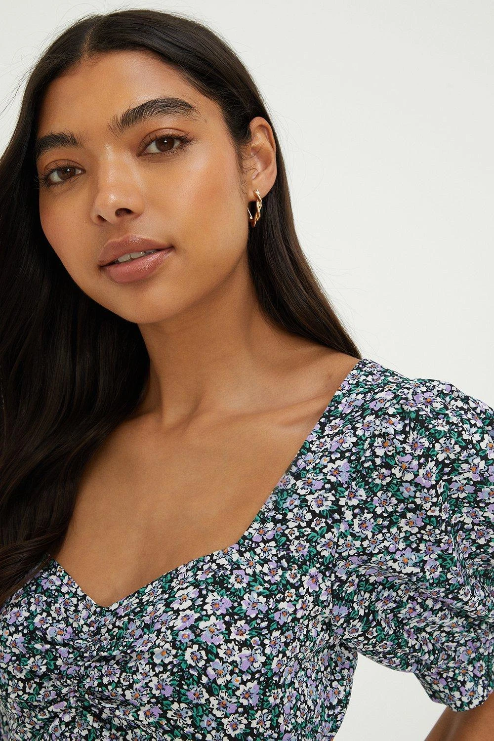 Dorothy Perkins Lilac Floral Ruched Front Short Sleeve Top 4 Dorothy Perkins Lilac Floral Ruched Front Short Sleeve Top - Image 2