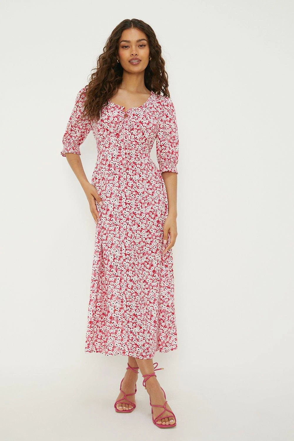 Dorothy Perkins Petite Red Floral Ruffle Neck Midi Dress 3 Dorothy Perkins Petite Red Floral Ruffle Neck Midi Dress