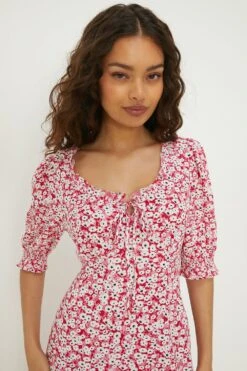 Dorothy Perkins Petite Red Floral Ruffle Neck Midi Dress 7 Dorothy Perkins Petite Red Floral Ruffle Neck Midi Dress -Perkindo Store bqq13053 red xl 1