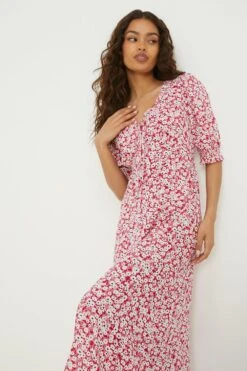 Dorothy Perkins Petite Red Floral Ruffle Neck Midi Dress 9 Dorothy Perkins Petite Red Floral Ruffle Neck Midi Dress -Perkindo Store bqq13053 red xl 3