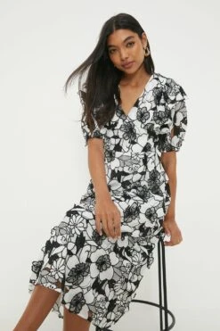 Dorothy Perkins Mono Frill Cutwork Midi Dress