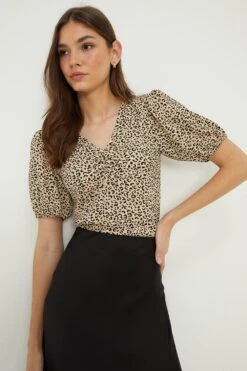 Dorothy Perkins Animal Ruched Front Puff Sleeve Top