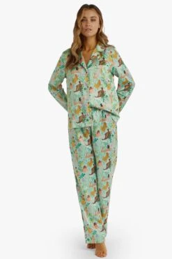 Playful Promises Bodil Jane Nudes And Flowers Drop Hem Recycled Satin Long Sleeve PJ Top