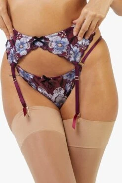 Playful Promises Joanna Burgundy Gold Embroidery Suspender Belt
