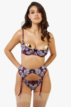 Playful Promises Joanna Burgundy Gold Embroidery Suspender Belt -Perkindo Store m5056575394834 wine xl 3